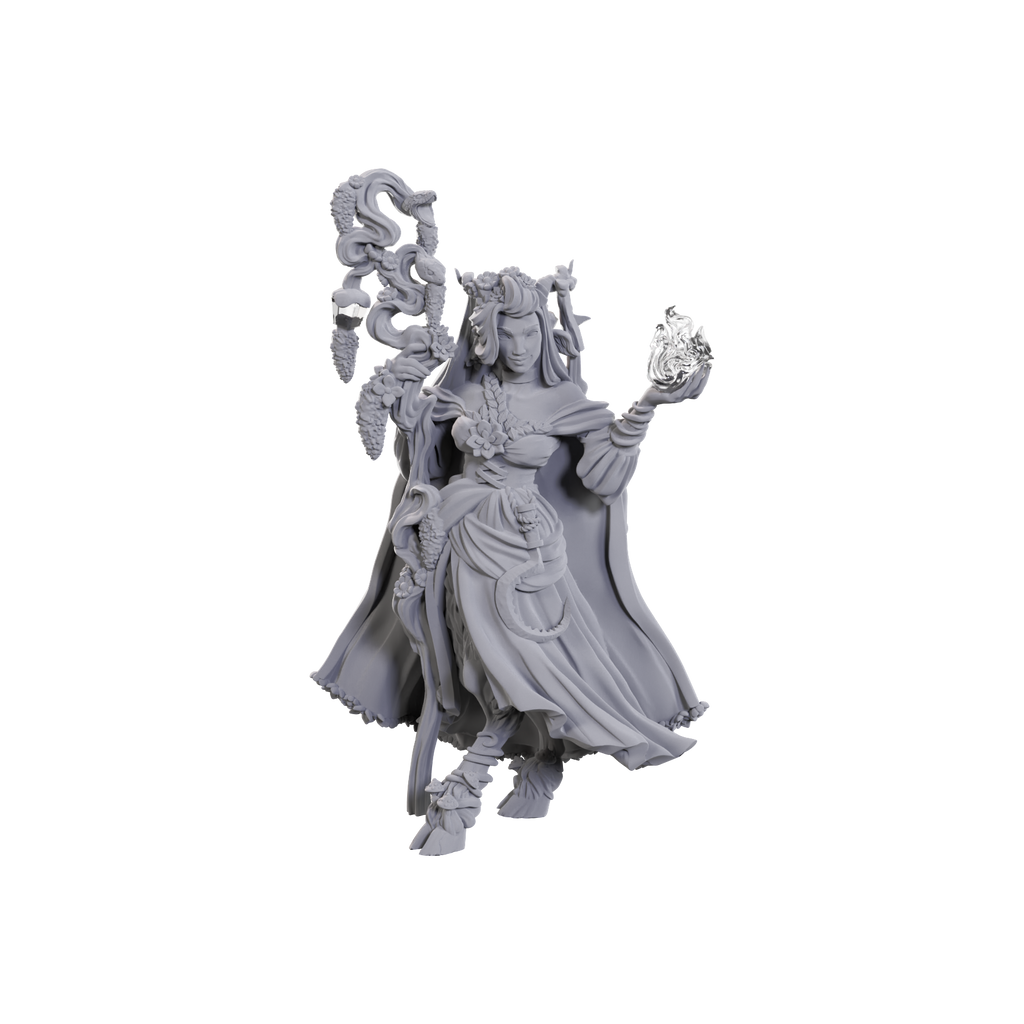 Critical Role: Unpainted Miniatures: Fearne Calloway & Mister - Unpainted gray resin miniature of a robed woman with long hair holding a flame in one hand and a staff entwined with a snake