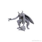 WizKids Deep Cuts: Mothman - Gray unpainted miniature of Mothman with large wings, horned head, humanoid body, and clawed hands and feet in crouching.