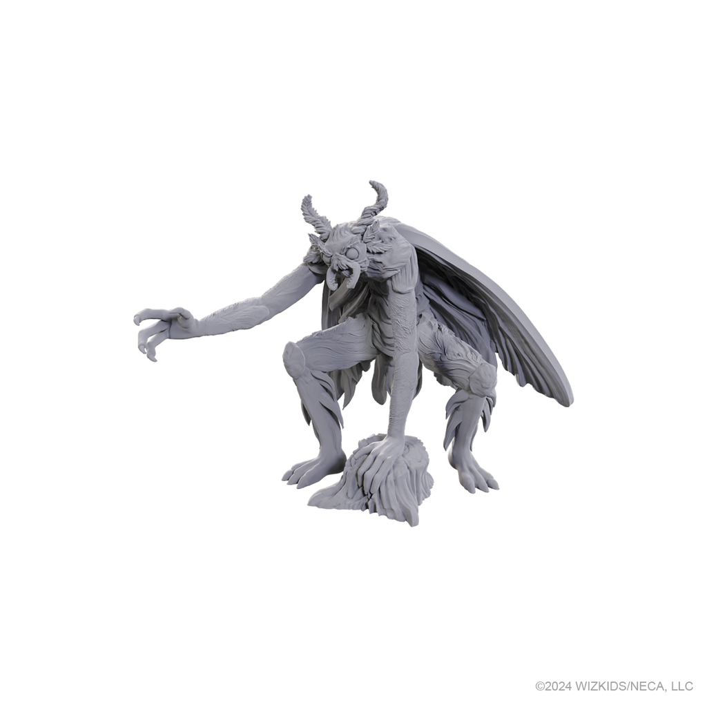 WizKids Deep Cuts: Mothman - Gray unpainted miniature of Mothman with large wings, horned head, humanoid body, and clawed hands and feet in crouching.