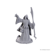 D&D Nolzur's Marvelous Miniatures: Star Spawn Larva Mage - Unpainted gray plastic miniature of a hooded robed figure with an outstretched hand and curved staff, standing on a textured