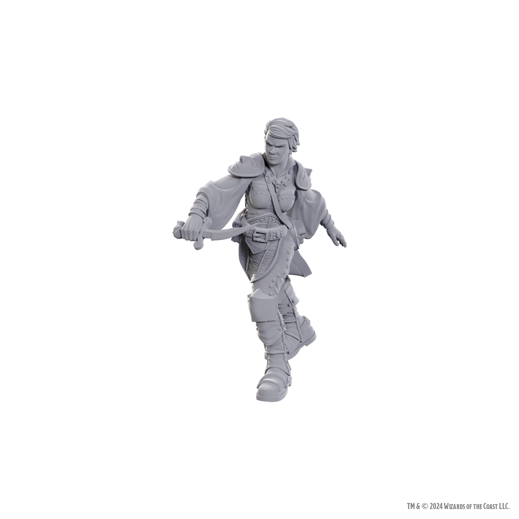 D&D Nolzur's Marvelous Miniatures: Swashbuckler - Gray plastic miniature of a swashbuckler wearing detailed leather armor and holding a rapier in a dynamic pose.