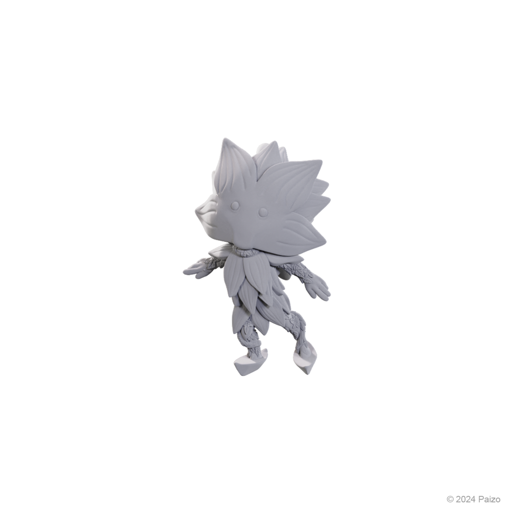 Pathfinder Battles Deep Cuts: Lotus Leshy and Flytrap Leshy - Gray unpainted miniature of a small humanoid plant creature with leaf-like head and body details.