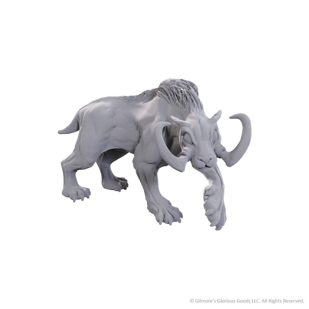Critical Role Unpainted Miniatures: Moorbounder - Unpainted gray resin miniature of a quadruped creature with large curved horns, shaggy mane, and elongated trunk-like snout.