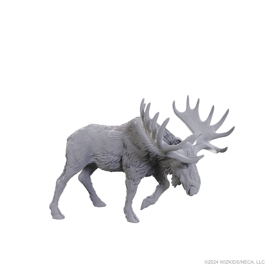 WizKids Deep Cuts: Bull Moose - Gray detailed miniature moose figurine with large, textured antlers and realistic fur sculpted stance.