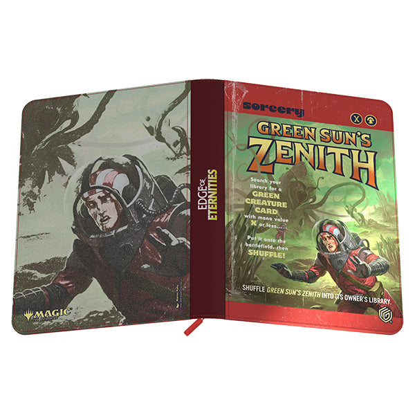 Ultimate Guard 18-Pocket Zipfolio: Magic the Gathering: Edge of Eternities - Green Sun’s Zenith - Green and red zipfolio with detailed fantasy artwork and "Green Sun's Zenith" logo, designed for card storage.