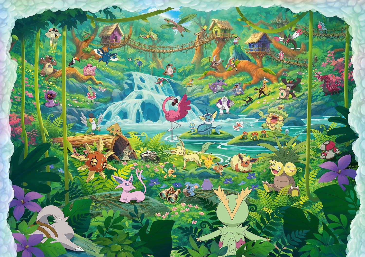 Pokémon Celebration Journey 40320 Piece Puzzle (PREORDER) - Colorful 40320-piece Pokémon puzzle showcasing a vibrant forest scene with various Pokémon characters and a waterfall.