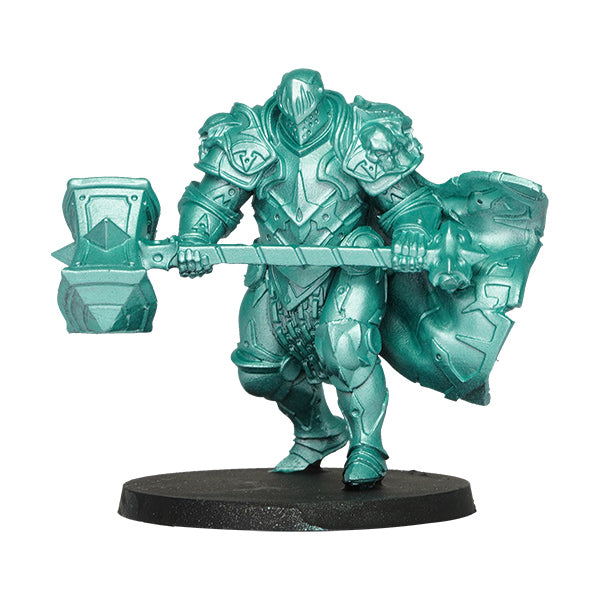 Vallejo True Metallic Metal Light: Beetle Green (18ml) - Metallic beetle green miniature armored warrior holding a large hammer and shield on a black base.
