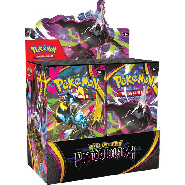 Pokémon TCG: Mega Evolution 5: Pitch Black - Booster Display - Colorful Pokémon TCG Mega Evolution 5 Pitch Black booster display box with dynamic black and purple artwork and glowing.