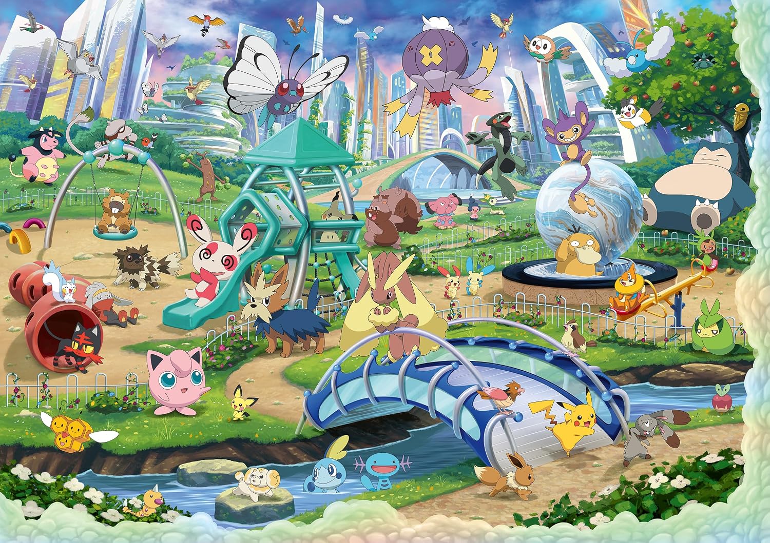 Pokémon Celebration Journey 40320 Piece Puzzle (PREORDER) - Colorful Pokémon-themed puzzle featuring various characters in a vibrant park setting with playful elements and city skyline.