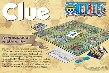 Clue: One Piece - One Piece themed Clue board game with colorful map, character cards, and weapon cards on a beige background.
