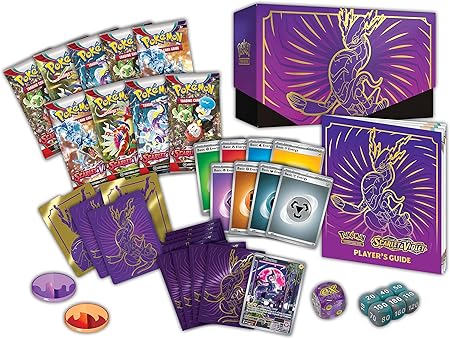 Pokemon Scarlet & Violet Elite Trainer Box - Miraidon - Purple Pokemon Scarlet & Violet Elite Trainer Box featuring gold Miraidon artwork, includes booster packs, card sleeves,.