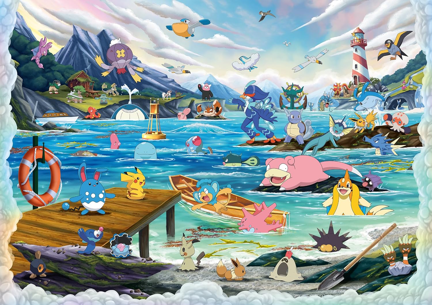 Pokémon Celebration Journey 40320 Piece Puzzle (PREORDER) - Colorful 40320-piece puzzle featuring a vibrant Pokémon seaside scene with Pikachu, Gyarados, and other characters on docks.