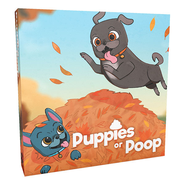 Puppies or Poop - Colorful game box featuring playful illustrated black and blue puppies jumping into a pile of orange leaves with white.
