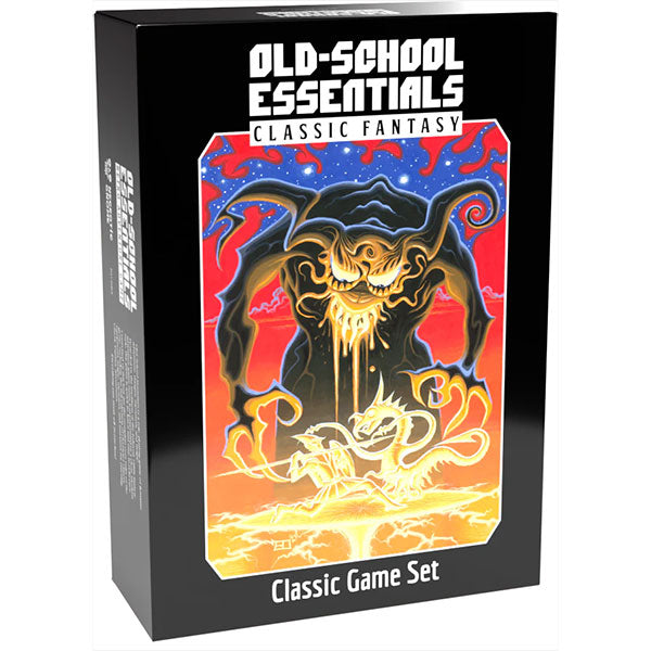 Old-School Essentials: Classic Fantasy: Classic Game Set (PREORDER) - Black box with fiery illustration of a menacing monster roasting a glowing warrior, labeled Old-School Essentials Classic.