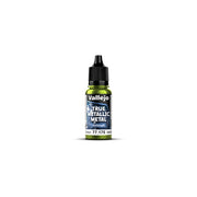 Vallejo True Metallic Metal Airbrush: Amber Green (18ml) - Small clear plastic bottle with black cap containing amber green metallic paint labeled Vallejo True Metallic Metal Airbrush.