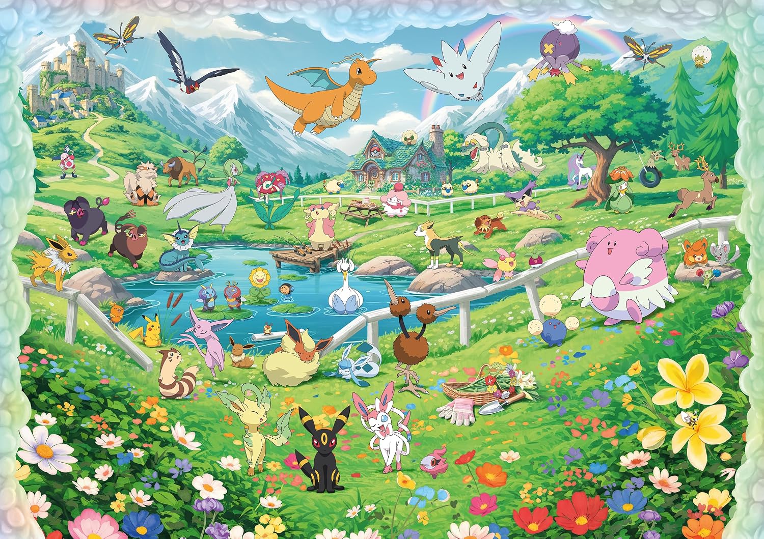 Pokémon Celebration Journey 40320 Piece Puzzle (PREORDER) - Colorful Pokémon-themed puzzle illustration featuring various Pokémon in a lush green meadow with flowers, trees, mountains,