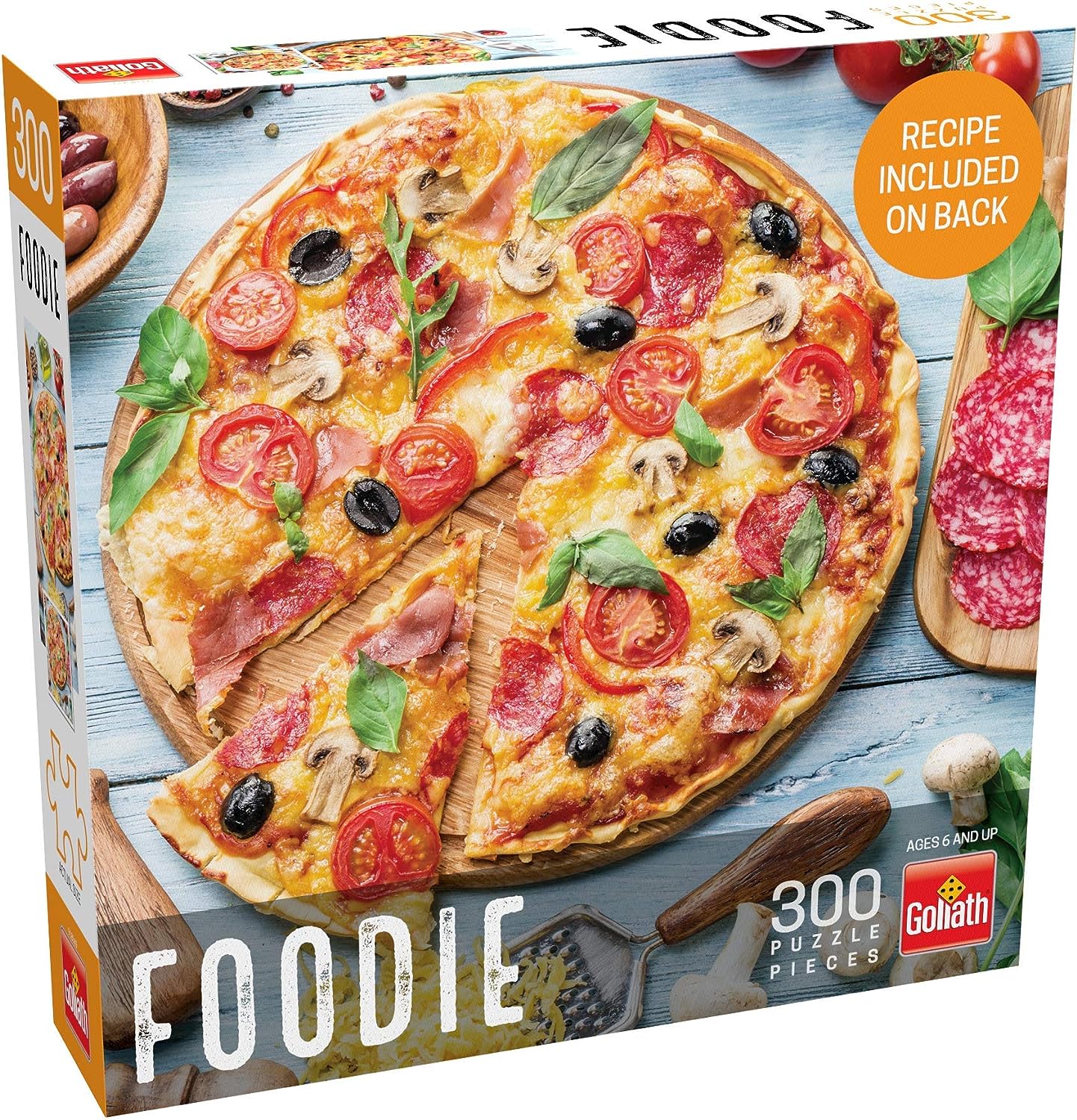 Foodie Pizza Pizza 300 Piece Puzzle - 300-piece puzzle featuring a colorful, sliced pizza with toppings like pepperoni, olives, basil, and tomatoes on a rustic.