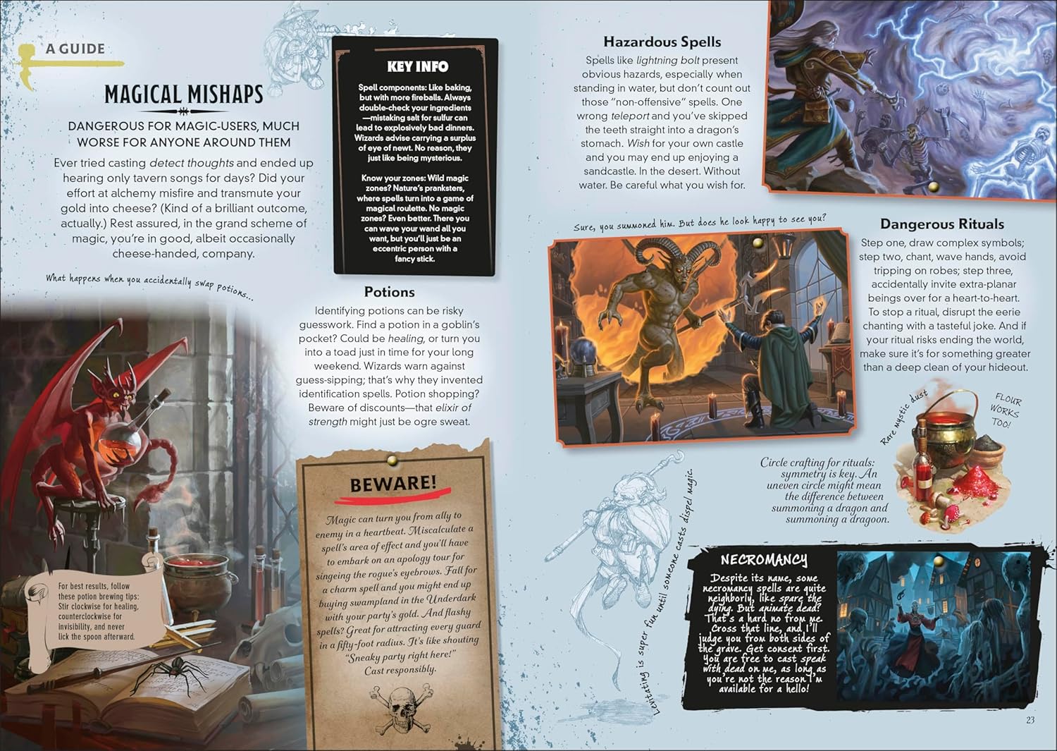 Dungeons & Dragons: How Not to Get Eaten by Owlbears - Open fantasy book spread showing colorful illustrations, text blocks with tips and warnings, and detailed artwork of.