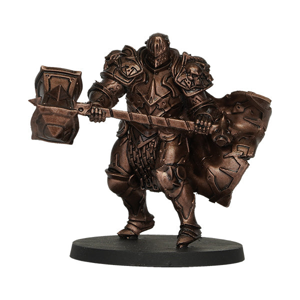 Vallejo True Metallic Metal Shade: Rusty Meta (18ml) - Metallic bronze-painted knight miniature holding a large hammer and shield on a round base.