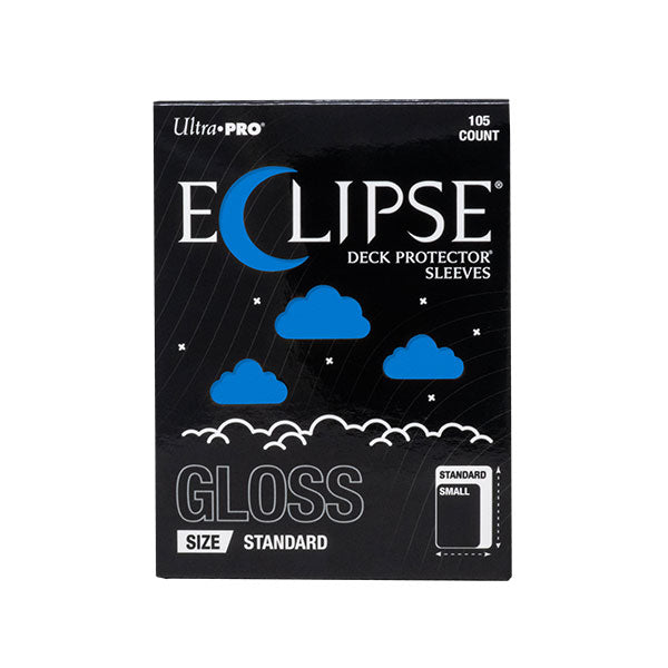 Ultra Pro Eclipse Gloss Deck Protectors: Pacific Blue - Black Ultra Pro Eclipse card sleeve box with blue crescent moon, clouds, and white text, 105 count, standard size.