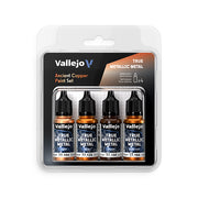 Vallejo True Metallic Metal Set: Ancient Copper (4 Color Set), 18 ml. - Set of four 18ml bottles of Vallejo True Metallic paint in ancient copper shades with black caps and clear plastic packaging.