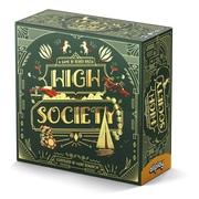 High Society - Square dark green card game box with gold art deco lettering and illustrations of hands, cards, and poker chips labeled High