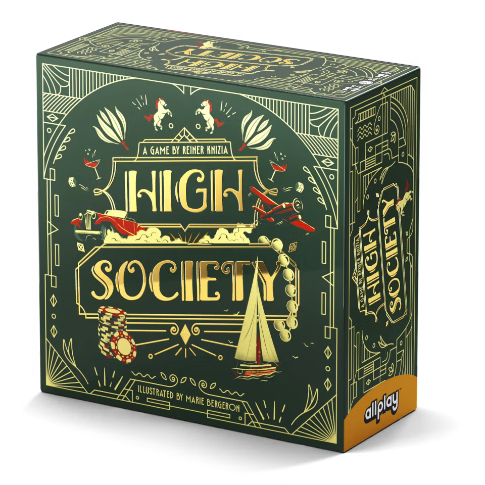 High Society - Square dark green card game box with gold art deco lettering and illustrations of hands, cards, and poker chips labeled High