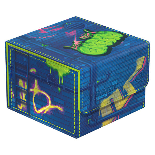 Ultimate Guard Sidewinder 133+ Xenoskin Deck Case: Teenage Mutant Ninja Turtles - Sewer Walls - Blue rectangular card deck case with neon green and pink graffiti-style Teenage Mutant Ninja Turtles sewer wall art and.