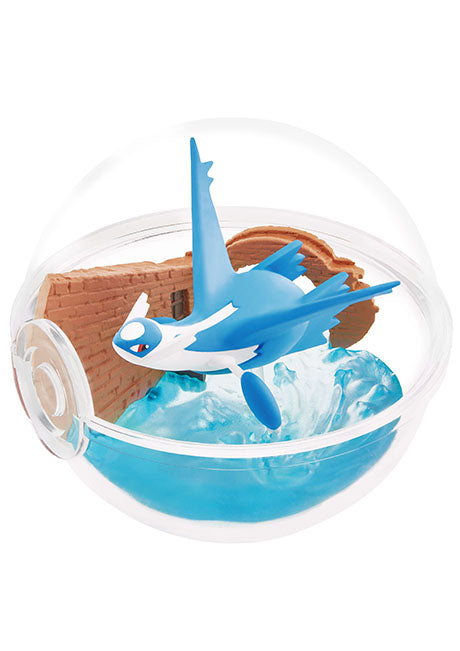 Re-Ment Pokémon Terrarium Collecion 12 Series Blind Box - Individual - Clear plastic spherical terrarium with blue and white flying Pokémon figure inside, set above swirling blue water and brown.