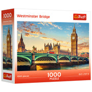 Puzzle: Westminster Bridge 1000 Piece - 1000-piece puzzle box featuring Westminster Bridge and Big Ben at sunset with vibrant orange and blue sky.