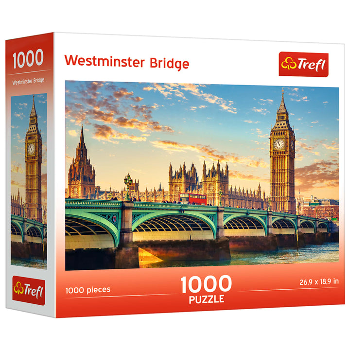 Puzzle: Westminster Bridge 1000 Piece - 1000-piece puzzle box featuring Westminster Bridge and Big Ben at sunset with vibrant orange and blue sky.