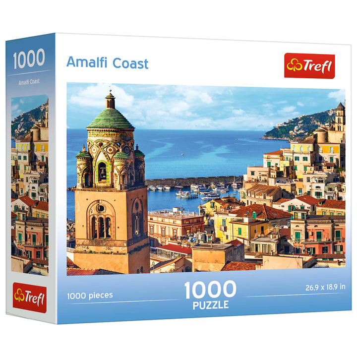 Puzzle: Amalfi Coast 1000 Piece - 1000-piece puzzle box featuring a colorful coastal town with terracotta rooftops and a domed bell tower by the sea.