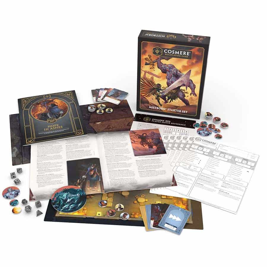 Cosmere RPG: Mistborn Starter Set (PREORDER) - Cosmere RPG Mistborn Starter Set with illustrated game box, rulebook, character sheets, cards, tokens, and colorful map.