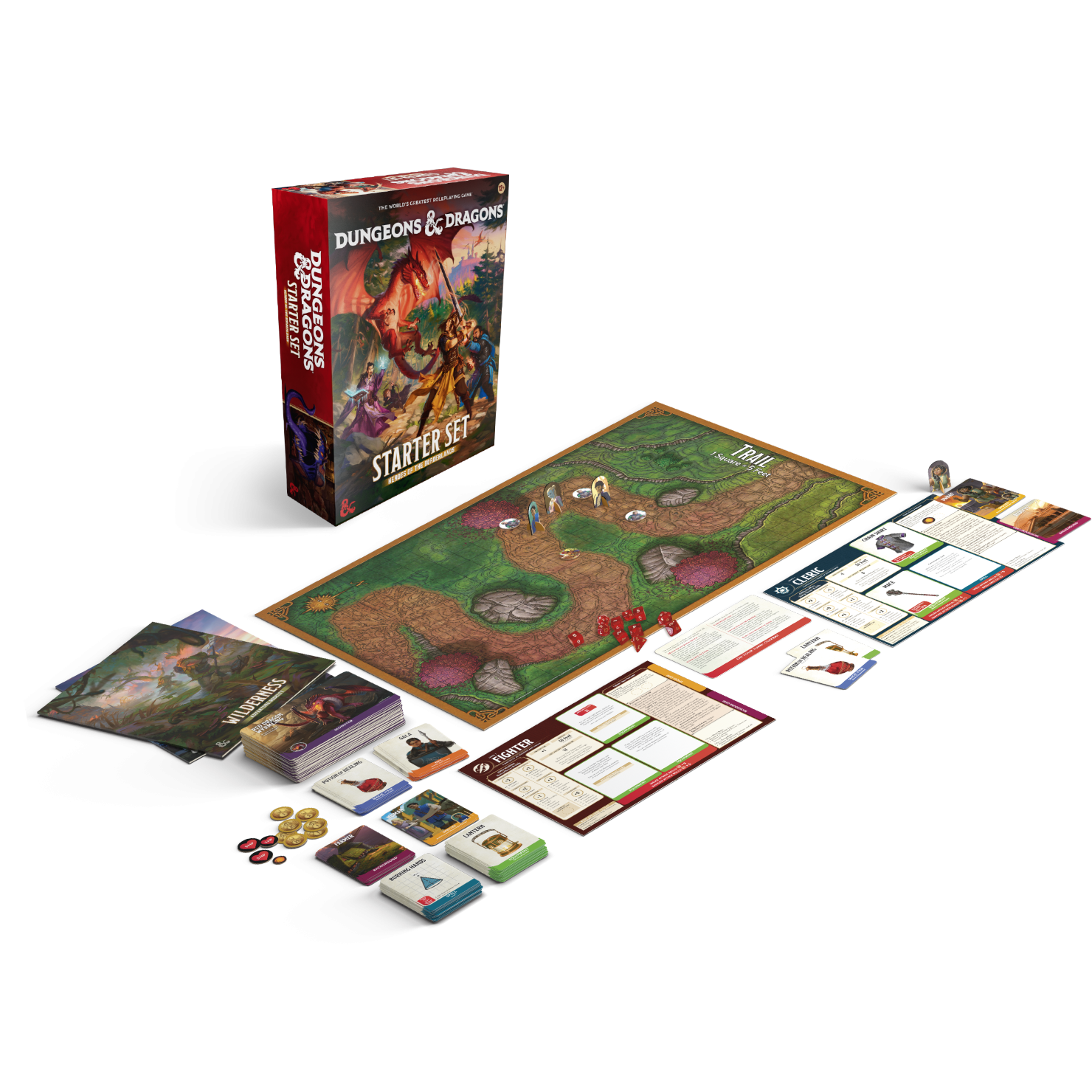 Dungeons & Dragons Starter Set: Heroes of the Borderlands - Dungeons & Dragons Starter Set with colorful game box, detailed illustrated game board, character sheets, cards, and dice.