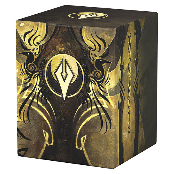 Ultimate Guard Boulder 100+: Secrets of Strixhaven - Silverquill (PREORDER) - Black and gold card storage box with intricate abstract designs and central diamond-shaped emblem.