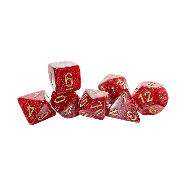 Chessex: Mega-Hedrals Glitter 7-Die Set - Ruby/Gold - Seven ruby red polyhedral dice with gold glitter swirls and gold numbers, including d4, d6, d8, d10, d12, d20, and.