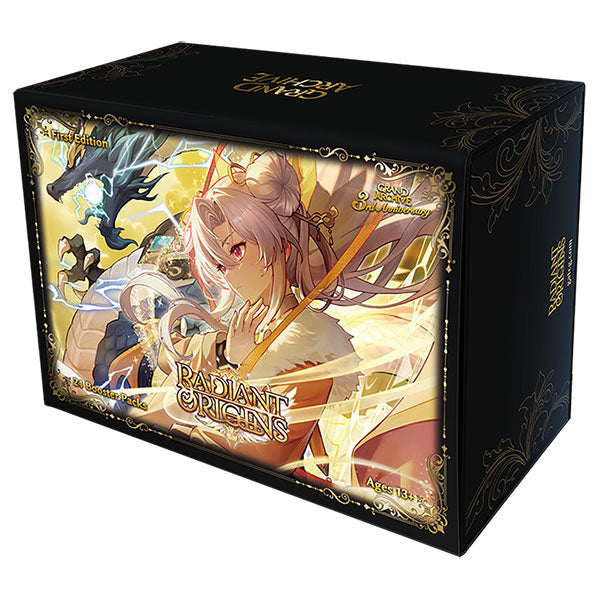 Grand Archive TCG: Radiant Origins 1st Edition Booster Box (PREORDER) - Black rectangular booster box featuring fantasy anime-style artwork of a white-haired female character with a staff and.