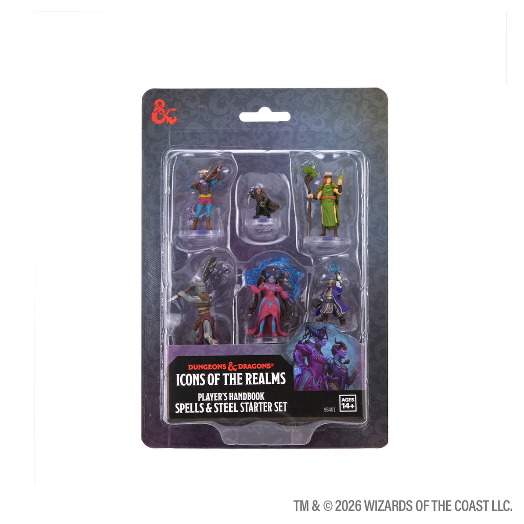 D&D Icons of the Realms: Player's Handbook Starter Set - Spells & Steel - Set of six detailed D&D miniatures in plastic blister pack with fantasy characters in vibrant colors.