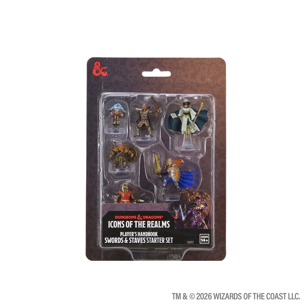 D&D Icons of the Realms: Player's Handbook Starter Set - Swords & Staves - Dungeons & Dragons Icons of the Realms starter set with six detailed plastic miniatures featuring fantasy characters.