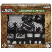 D&D Nolzur's Marvelous Miniatures: Adventurer's Campsite - Set of unpainted gray resin miniatures featuring a horse, covered wagon, campfire accessories, and crates for tabletop RPG.