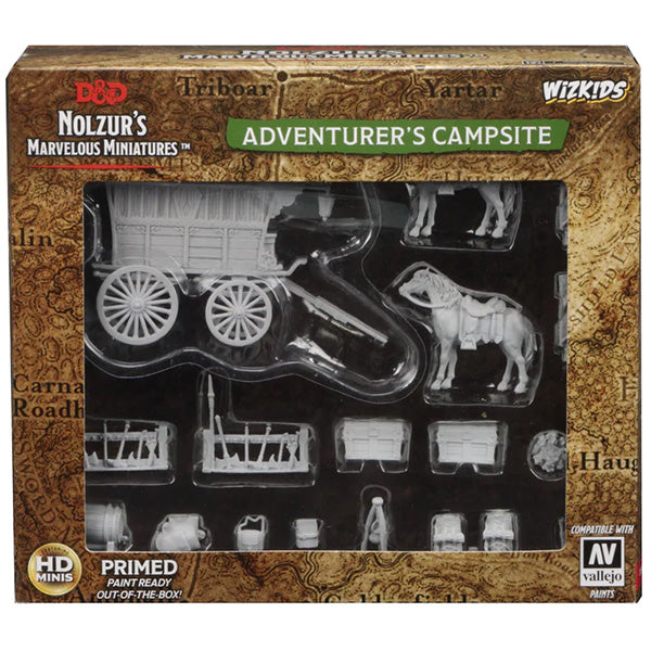 D&D Nolzur's Marvelous Miniatures: Adventurer's Campsite - Set of unpainted gray resin miniatures featuring a horse, covered wagon, campfire accessories, and crates for tabletop RPG.