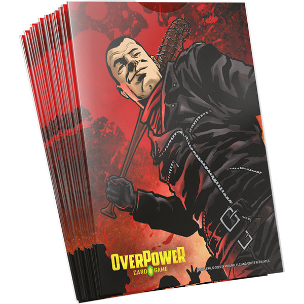 OverPower CCG Sleeves: The Walking Dead - Negan (PREORDER) - Card sleeves featuring a dark red and black illustration of Negan holding a bat, with detailed shadows and a bold yellow.