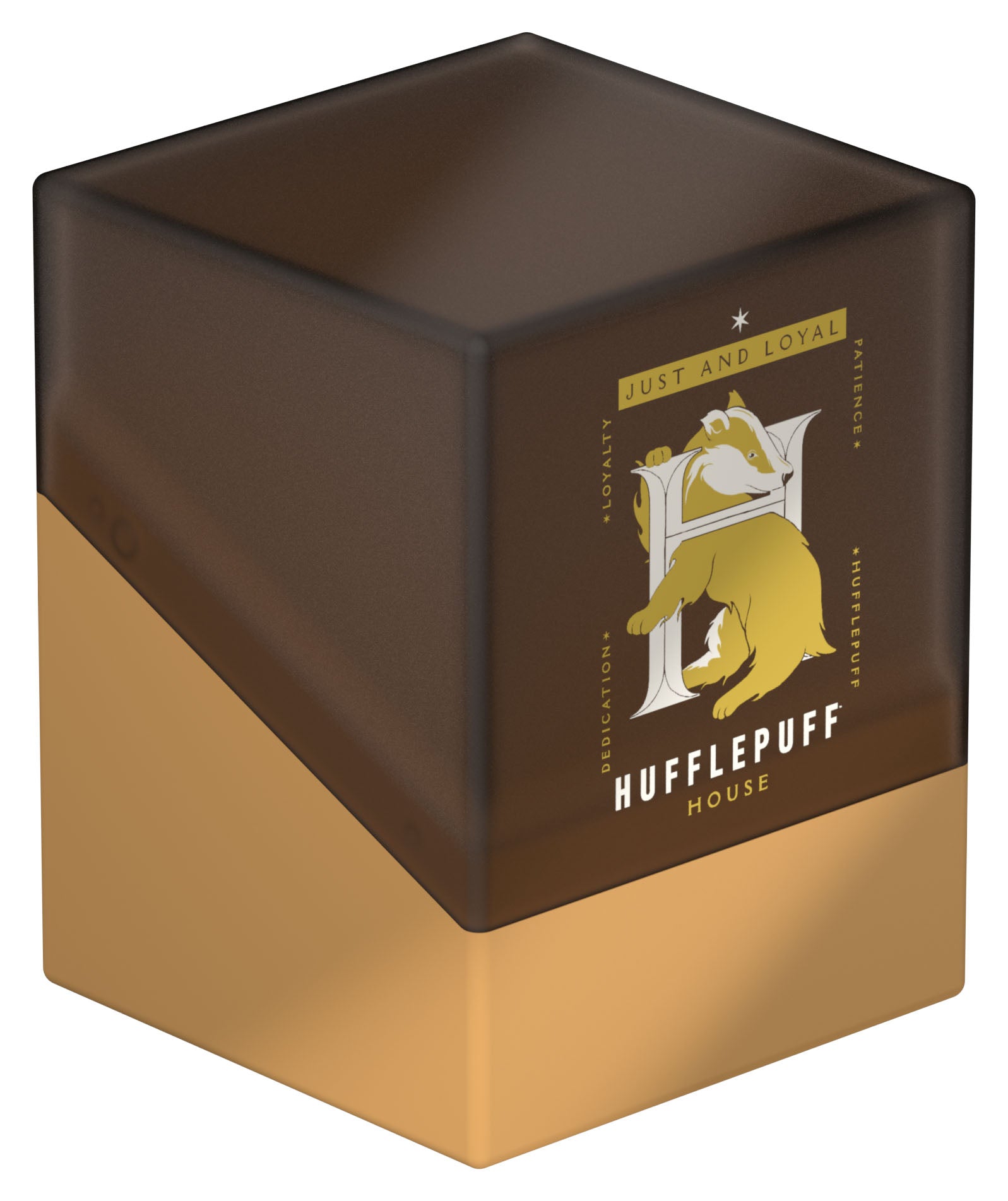 Ultimate Guard Boulder 100+: Harry Potter 4 Houses - Hufflepuff (PREORDER) - Two-tone rectangular deck box with brown top and gold bottom, featuring Hufflepuff house emblem and text.