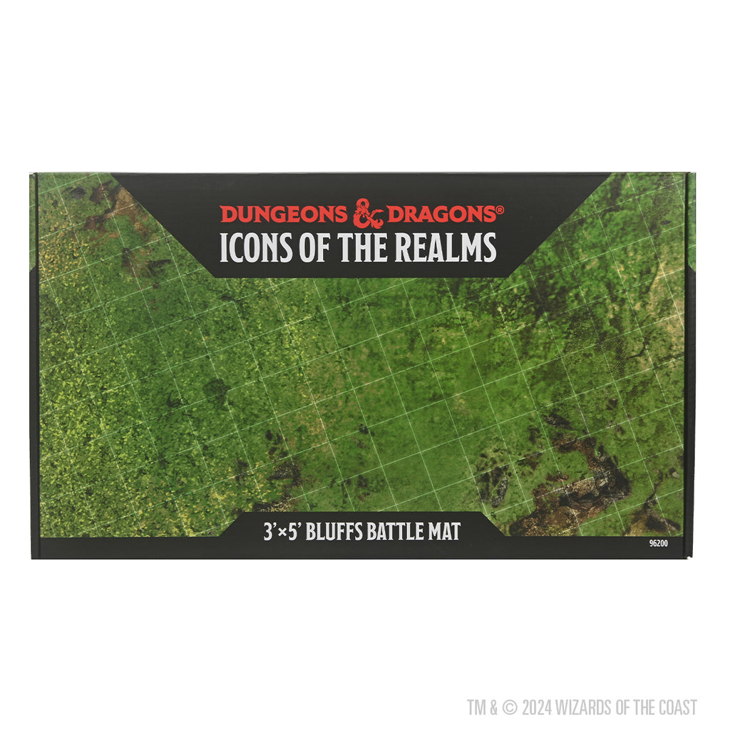 D&D: Icons of the Realms: Bluffs Battle Mat - Folded green battle mat with forest and terrain details, labeled Dungeons & Dragons Icons of the Realms Bluffs Battle Mat, 3