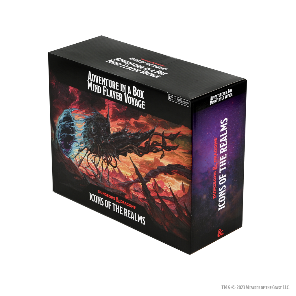 D&D Icons of the Realms Adventure Box - Mind Flayer Voyage - Black rectangular box with fiery red and orange fantasy artwork featuring a monstrous Mind Flayer creature on the front and.