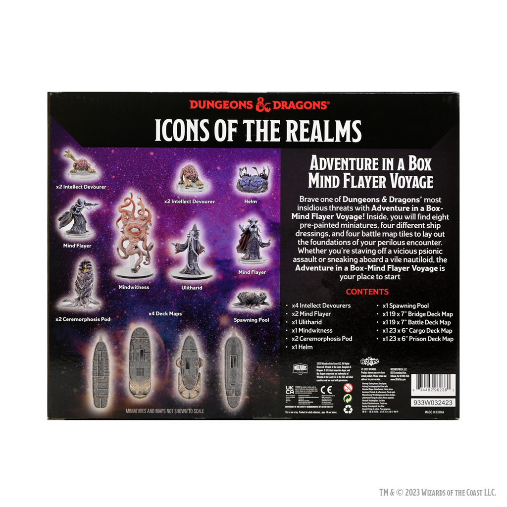 D&D Icons of the Realms Adventure Box - Mind Flayer Voyage - Black Dungeons & Dragons Icons of the Realms box with purple and white text, featuring images of eight miniature fantasy.