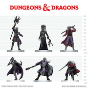 D&D Icons of the Realms: Drow Warband (PREORDER) - Six intricately detailed Drow miniatures in black, purple, and red armor and robes, wielding weapons and magical staffs, on.