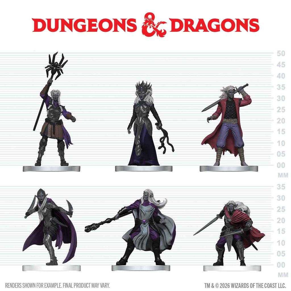 D&D Icons of the Realms: Drow Warband (PREORDER) - Six intricately detailed Drow miniatures in black, purple, and red armor and robes, wielding weapons and magical staffs, on.