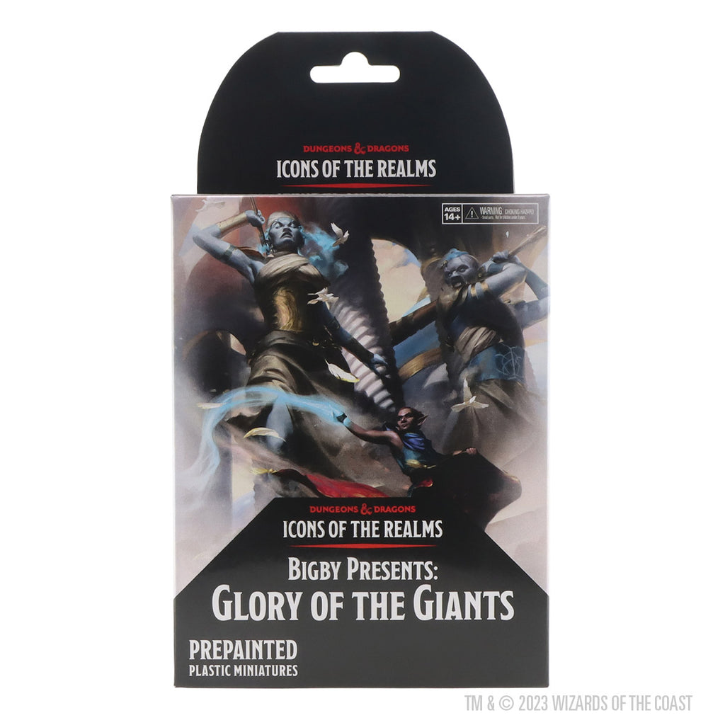 D&D Icons of the Realms: Bigby Presents: Glory of Giants Booster - D&D Icons of the Realms booster pack featuring giant warrior miniatures in dark armor with blue skin, displayed on black and