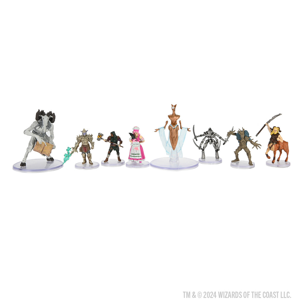 D&D Icons of the Realms: Planescape: Adventures in the Multiverse Booster - Seven painted Dungeons & Dragons miniatures in various fantasy character poses and colors, displayed in a row on white bases.
